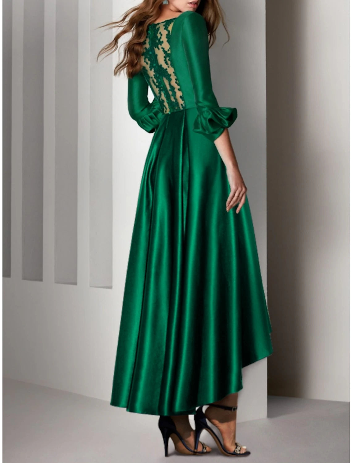 Wholesale A-Line Cocktail Dresses Elegant Dress Wedding Guest Birthday Asymmetrical 3/4 Length Sleeve V Neck Satin with Bow(s) Pleats